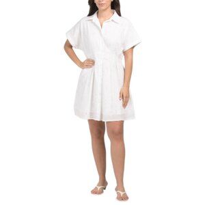 WISHING WAVES Eyelet Lace Pintucked Shirt Mini Dress
